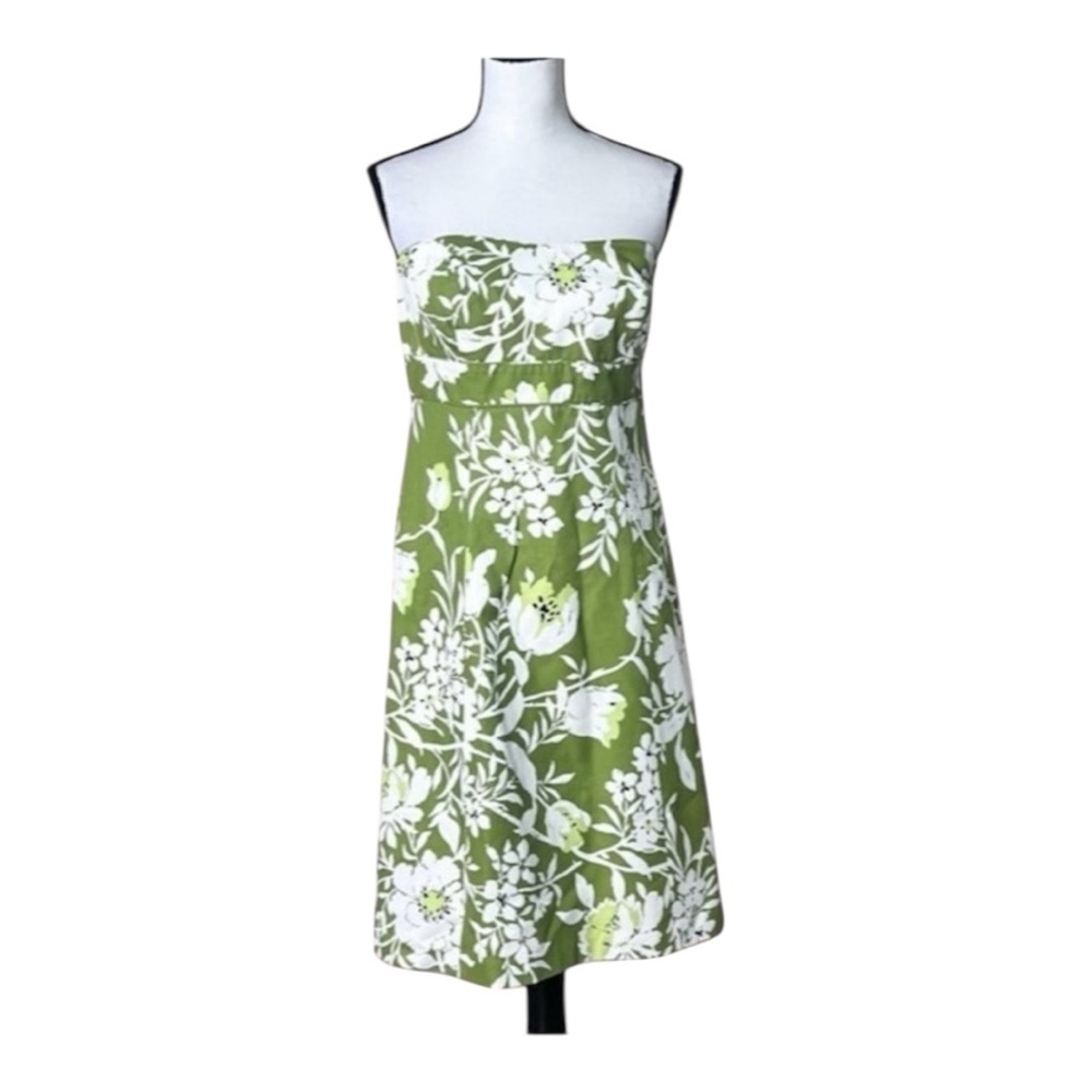 Ann Taylor green floral strapless midi silk blend dress